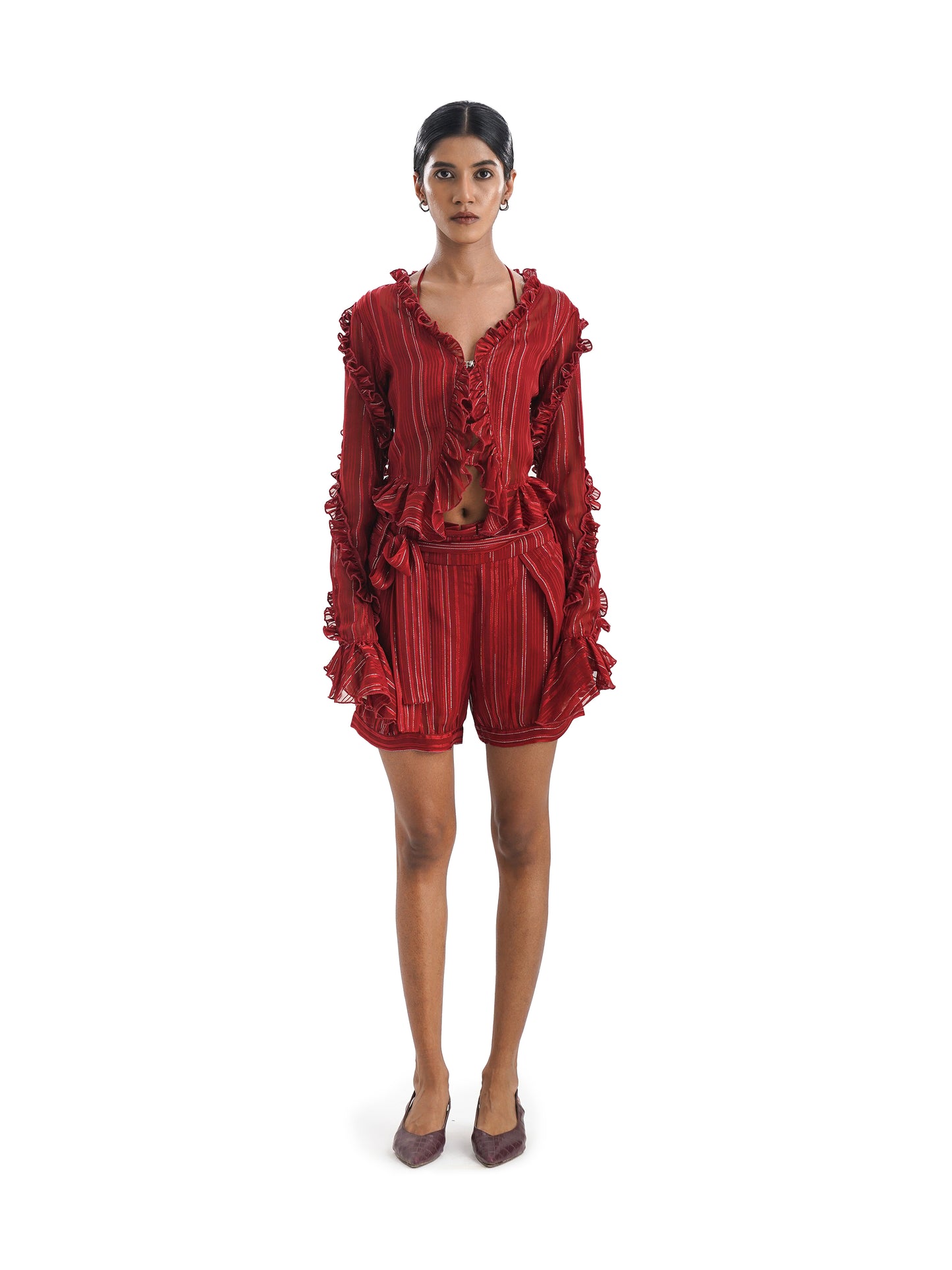Notre Ame Le Rouge Chiffon Lurex Co-ord Set - F