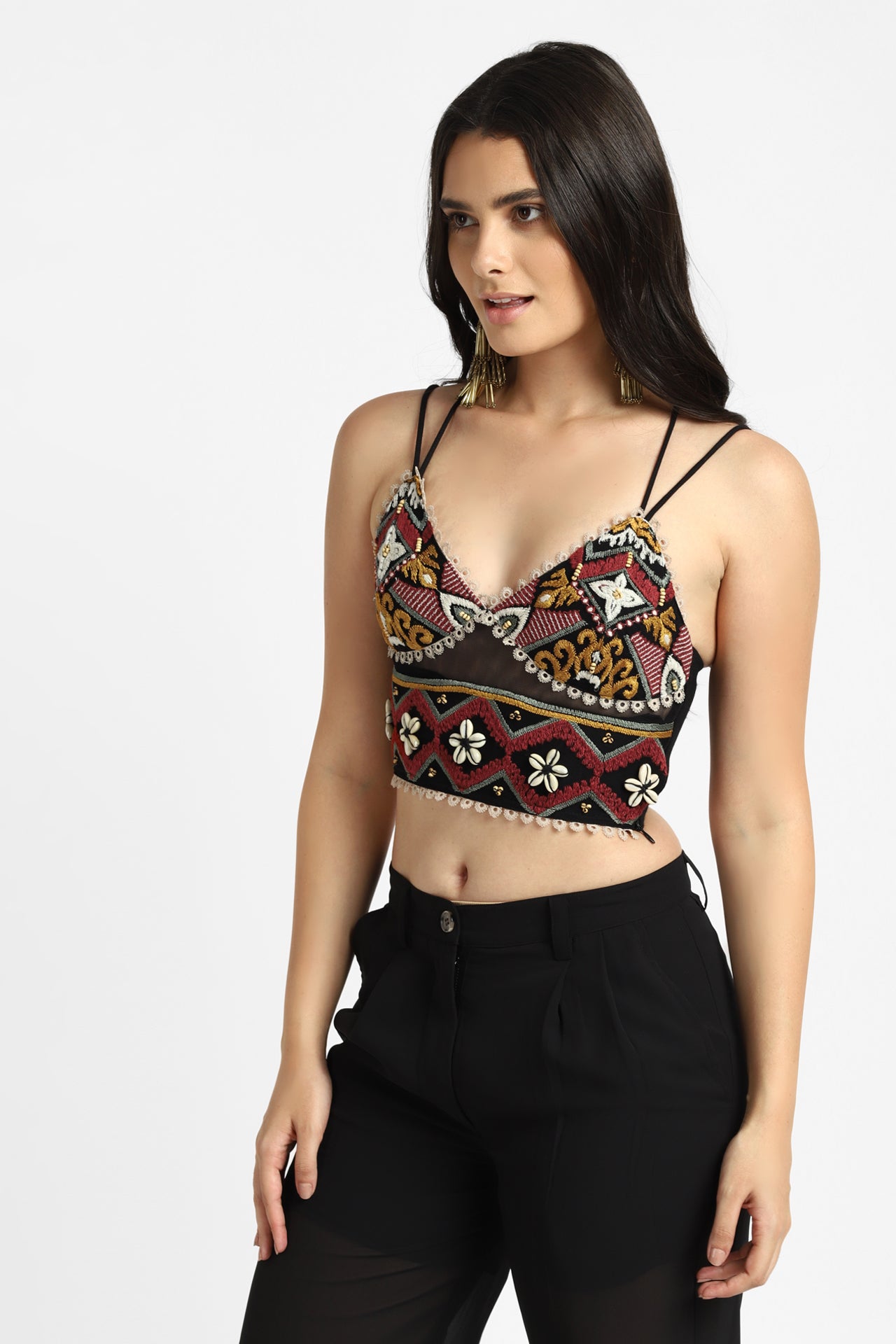 Aztec Embroidery Black Bralette