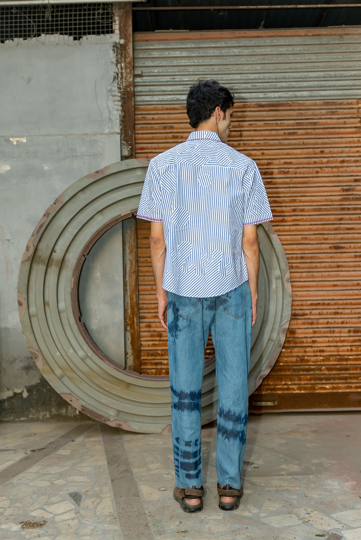 Notre-ame-Blue-Bengal-Stripe-Applique-Pattern-Shirt-B