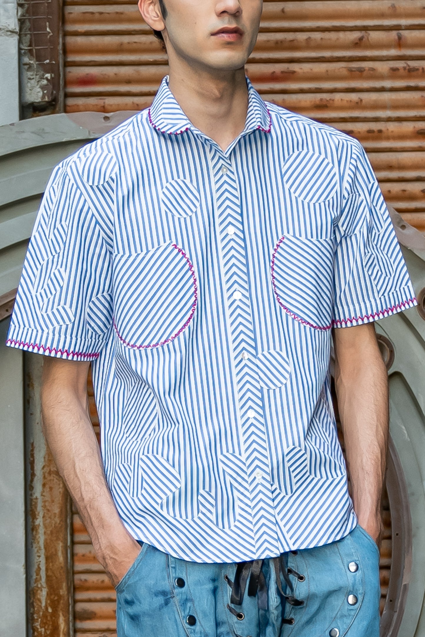Notre-ame-Blue-Bengal-Stripe-Applique-Pattern-Shirt-M1
