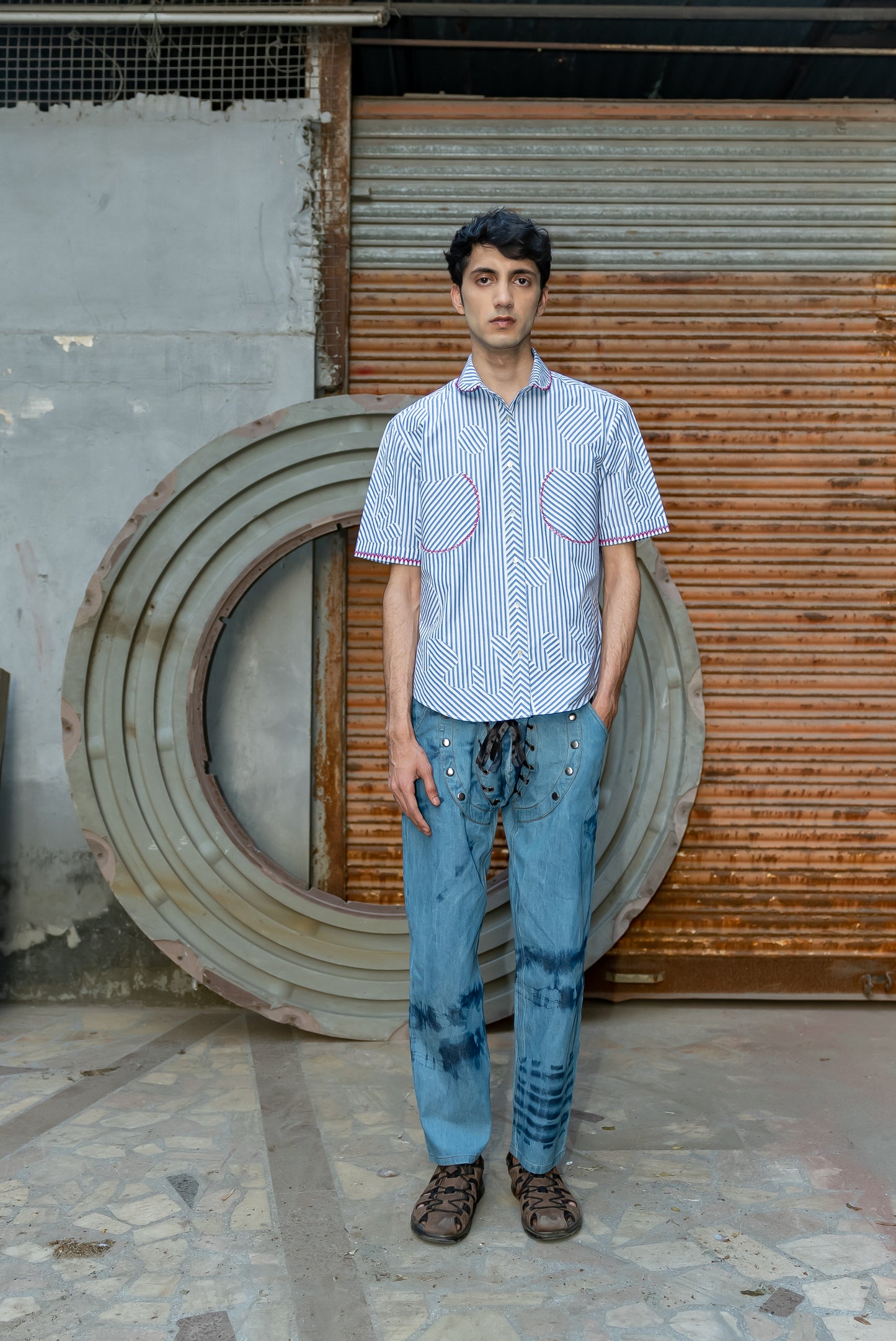 Notre-ame-Blue-Bengal-Stripe-Applique-Pattern-Shirt-F