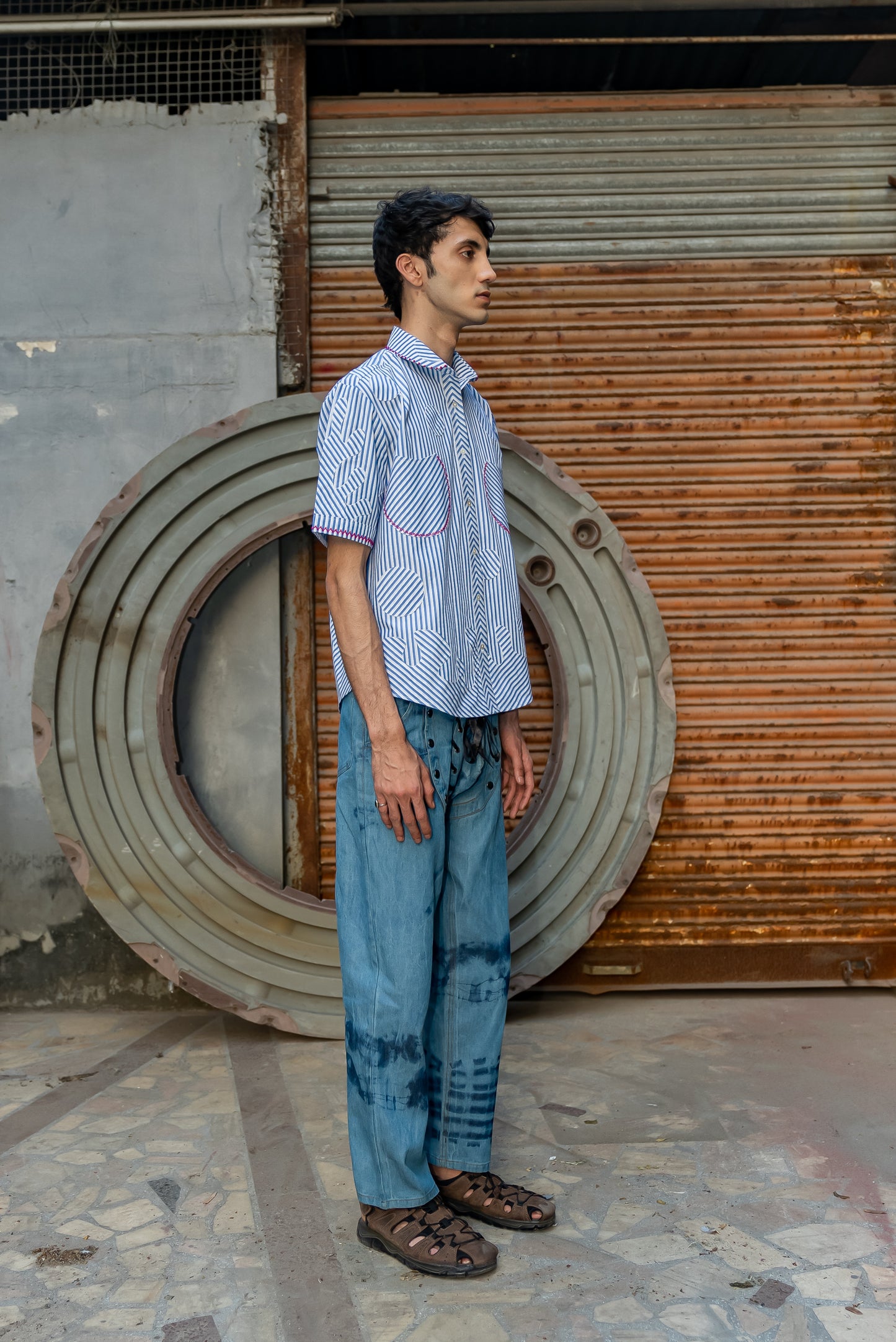 Notre-ame-Blue-Bengal-Stripe-Applique-Pattern-Shirt-S