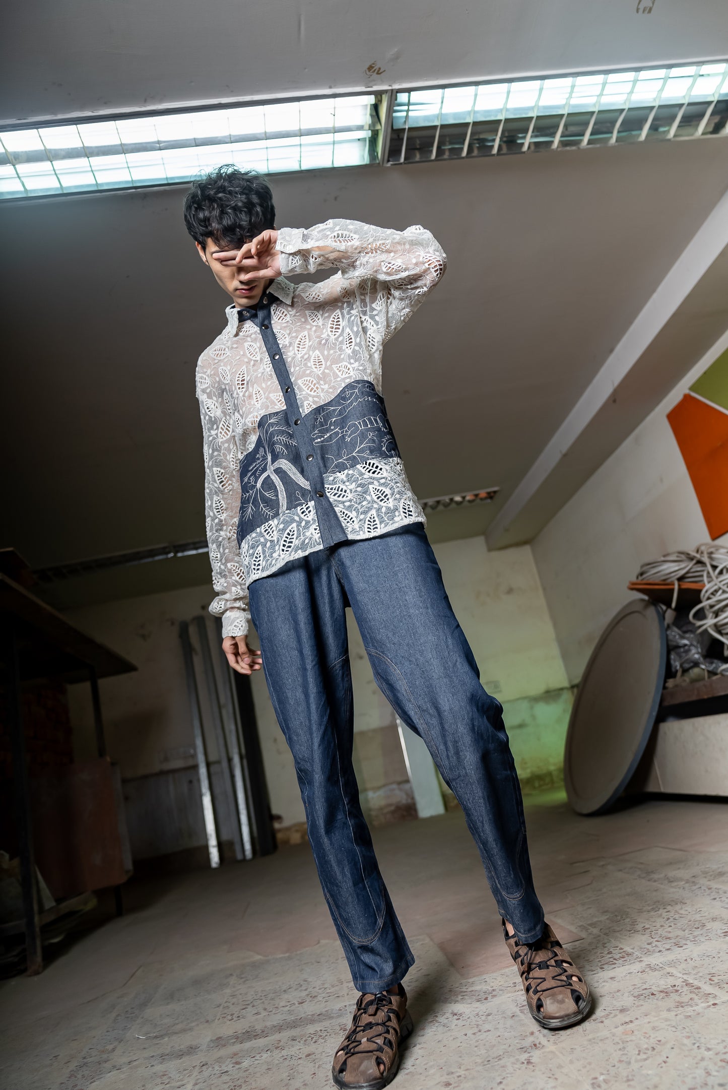Notre-ame-Denim-Organza-Jungle-Embroidered-Shirt-M