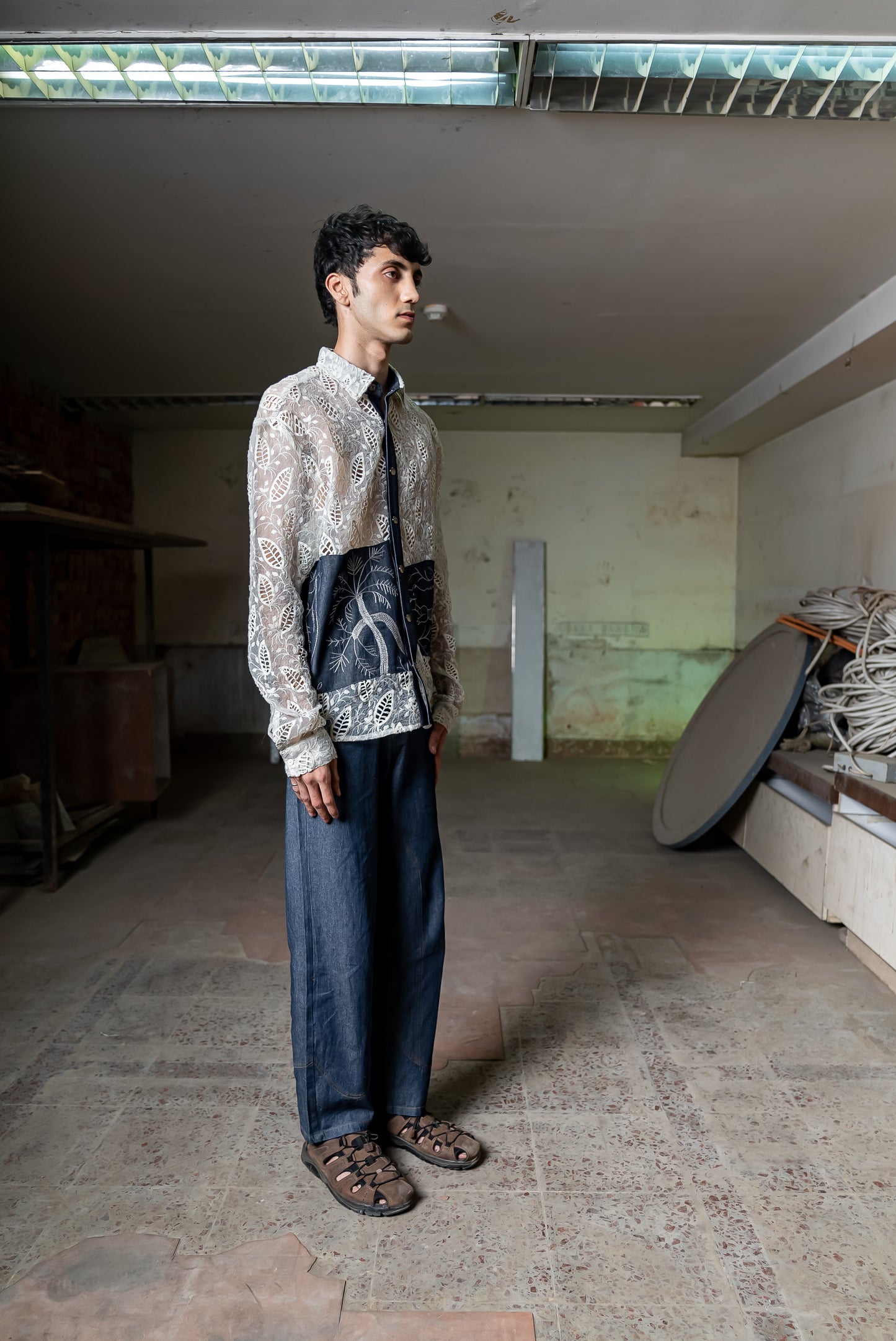 Notre-ame-Denim-Organza-Jungle-Embroidered-Shirt-S