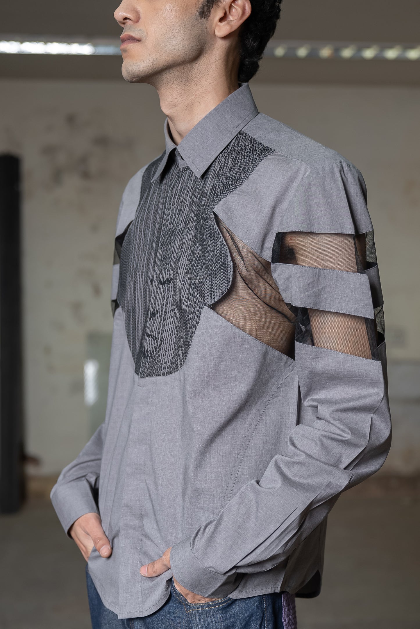 Notre-ame-Mesh-Panelled-Lion-Melange-Shirt-D