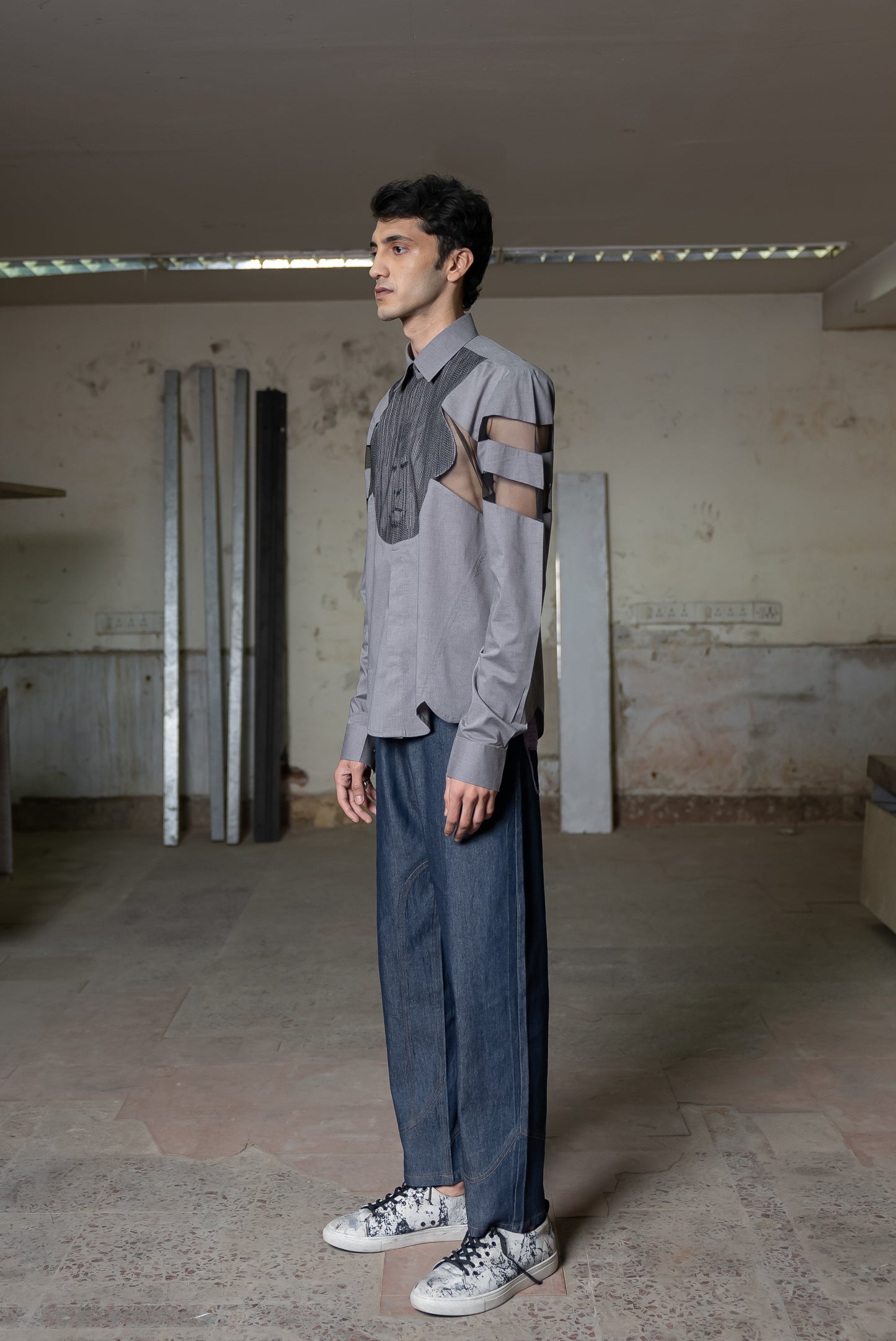 Notre-ame-Mesh-Panelled-Lion-Melange-Shirt-S