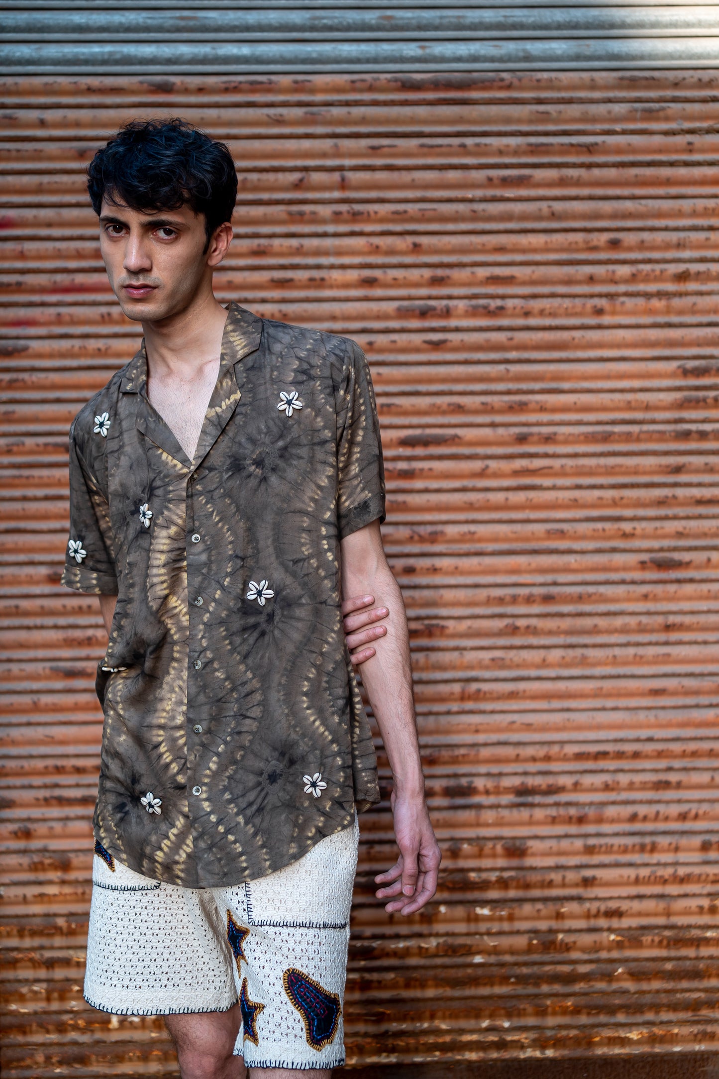 Notre-ame-Shibori-Muddy-Olive-Shell-Embroidery-Shirt-C1