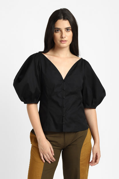 Le Galbe Flounce Sleeve Black Blouse